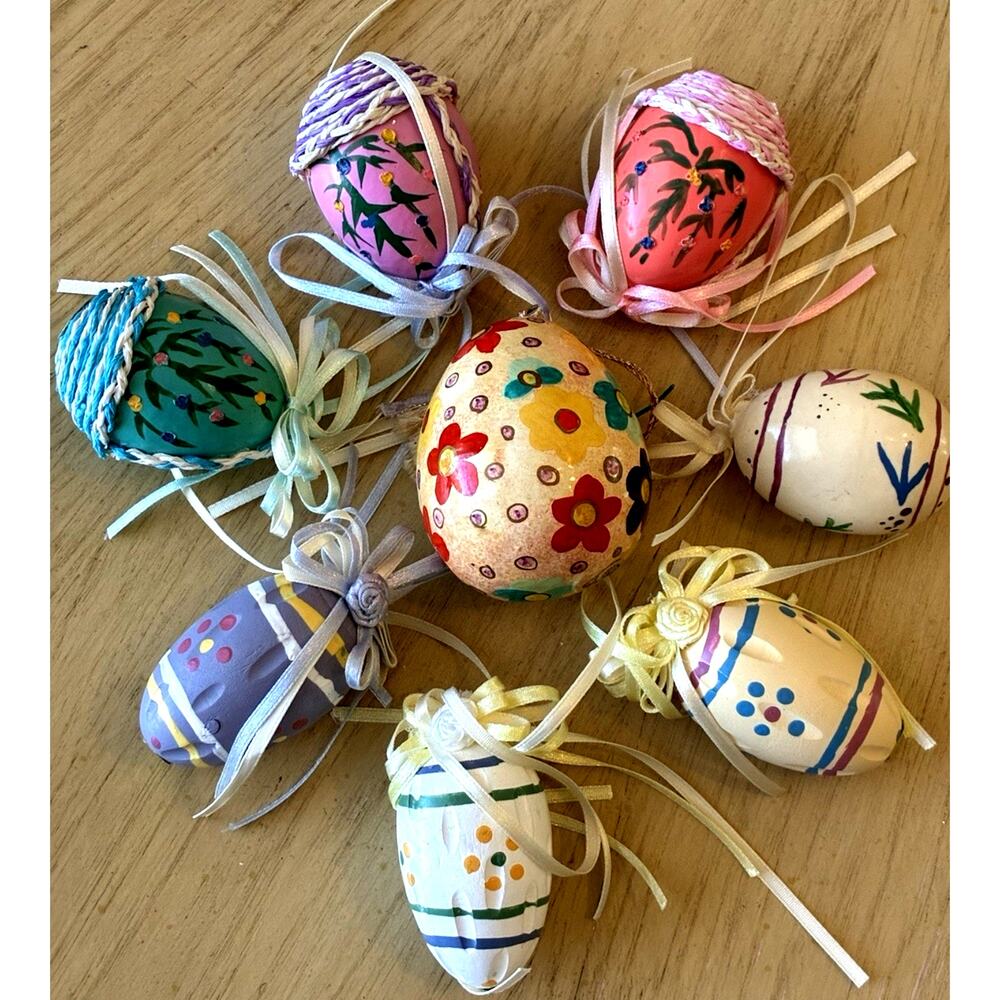 8 Vintage Easter Egg Ornaments Wooden Hand painted Ribbons Flowers Pastel Decor